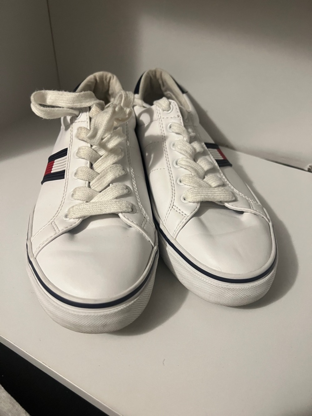 Women’s White Low-Top Sneakers with Navy & Red Accent